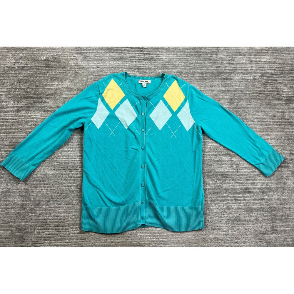Cherokee Cardigan Womens L Teal Argyle Cotton Blend 3/4 Sleeve Crew Neck Sweater